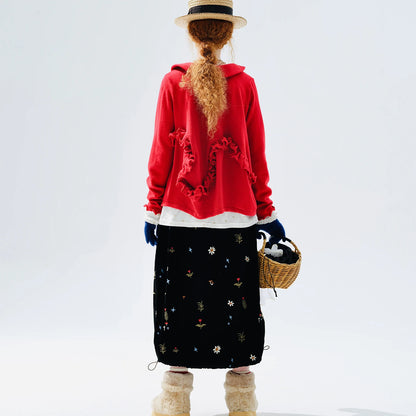 Embroidered Floral Midi Skirt, Vintage Velvet, Daily Outing, Mori - style Healing Vibe 255288
