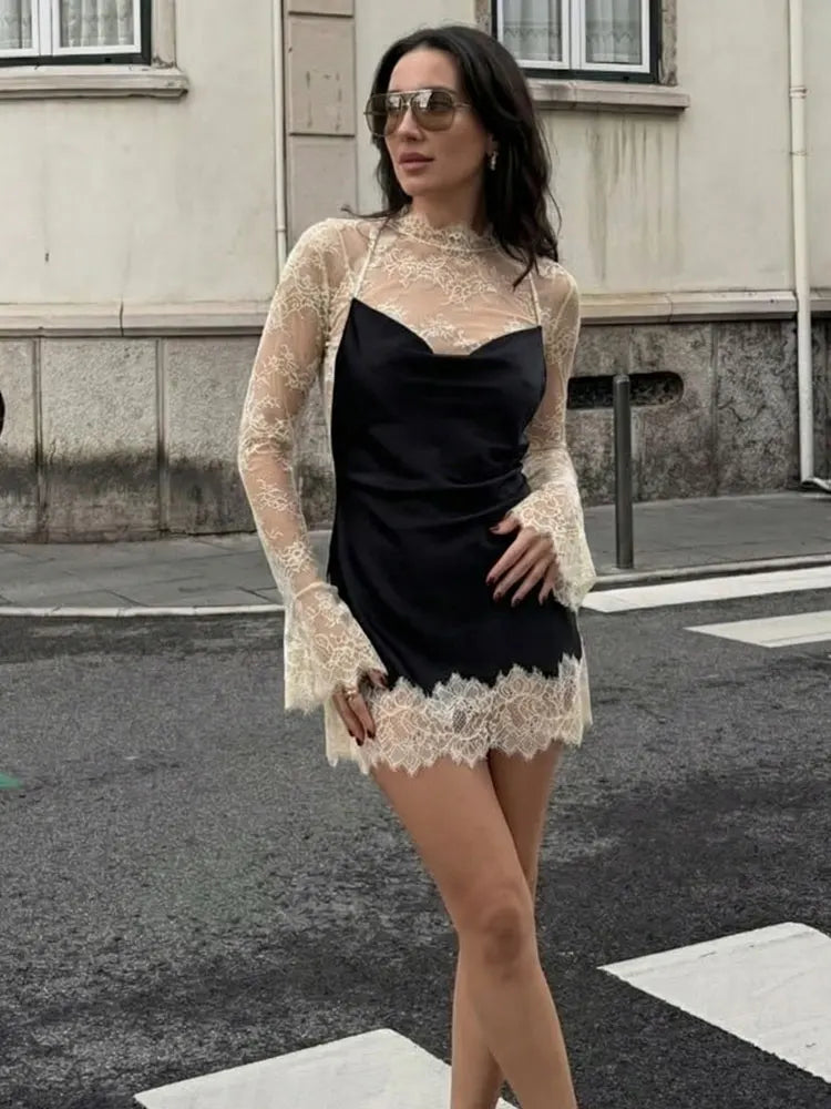 2026 Women Lace Patchwork Mini Dress Vintage Contrast Slim Long Sleeve Dresses Y2k Summer Fashion High Street Lady Chic Dress
