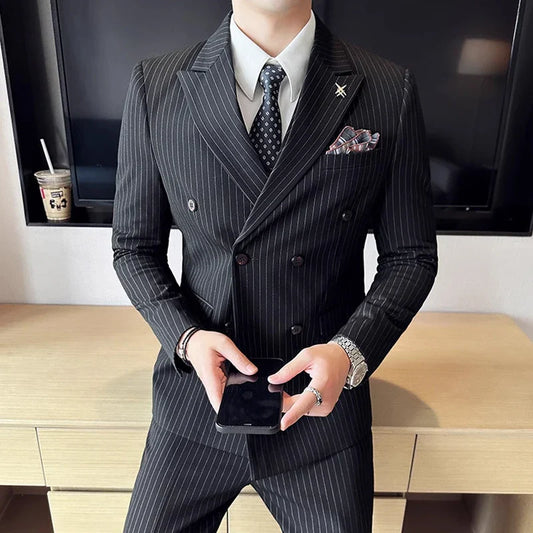 Jacket And Pants High-end Fashion Striped Men's Formal Double-breasted Business Suit Groom Wedding Dress Mens Suit 2 Piece Set