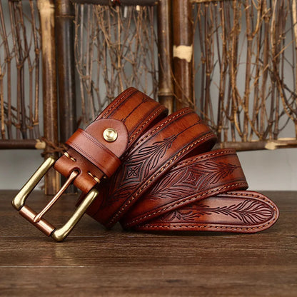 3.8CM Pure Cowhide Genuine Leather Retro Fashion Personality Embossed Belts for Men Luxury Brand Design Male Copper Buckle Belts