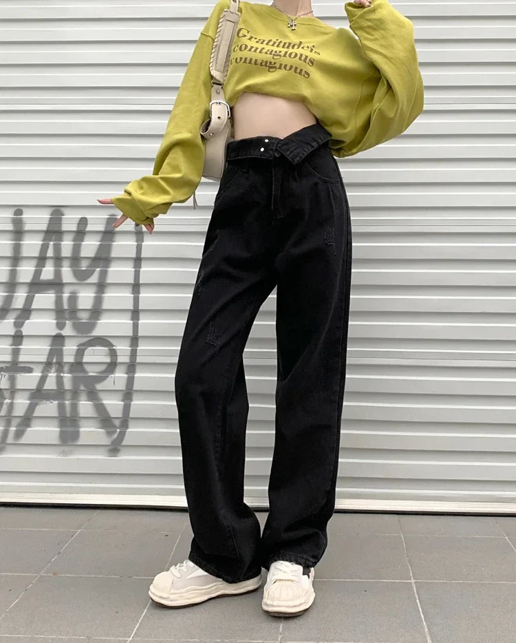 Hight Waist Denim Pant Women Jeans Vintage Straight Trousers Jeans Autumn Spring Fashion Female Black Casual Wide Leg Pants