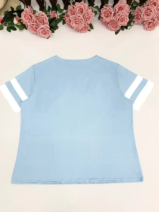 Plus  Size Women's Heart-Striped Print T-Shirt - Casual Short Sleeve V-neck Tops Suitable for Spring and Summer