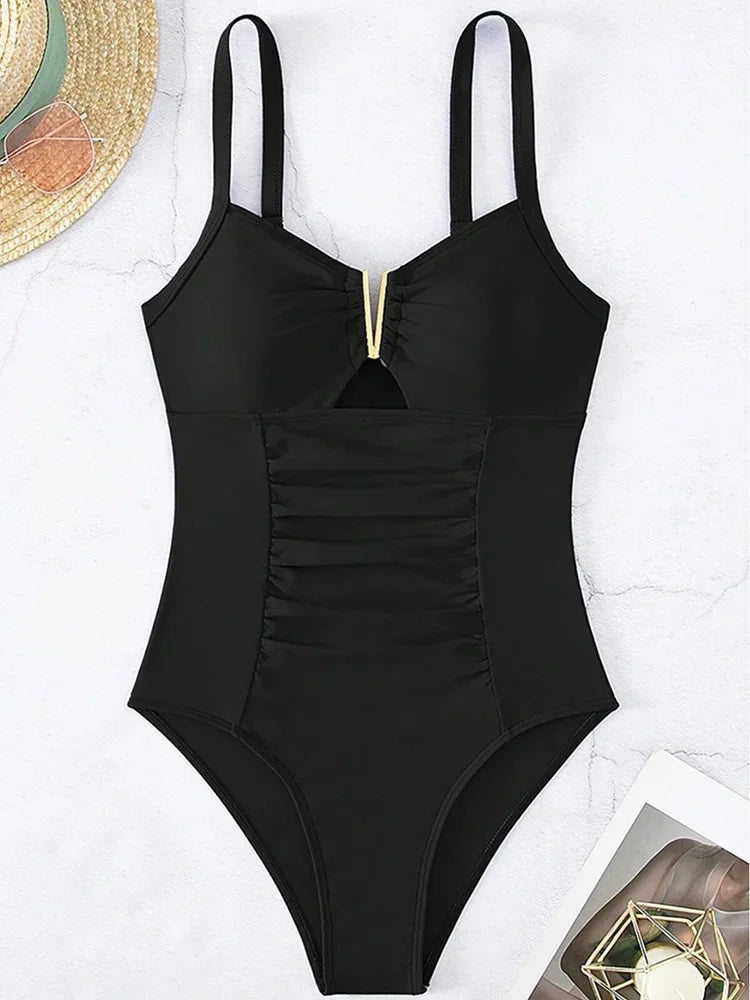 2026 V Neck Pleated Swimsuits Female Swimwear One Piece Swimsuit Women High Cut Bather Bathing Suit Swim Beachwear Slim Bodysuit
