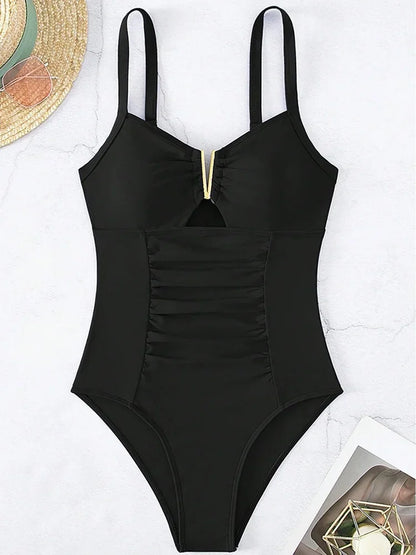 2026 V Neck Pleated Swimsuits Female Swimwear One Piece Swimsuit Women High Cut Bather Bathing Suit Swim Beachwear Slim Bodysuit