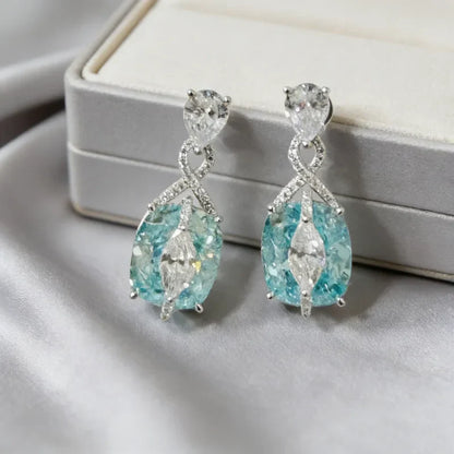 925 Sterling Silver Gold Plated Synthetic Gemstone Light Blue Paraiba Shiny Earrings for Ladies
