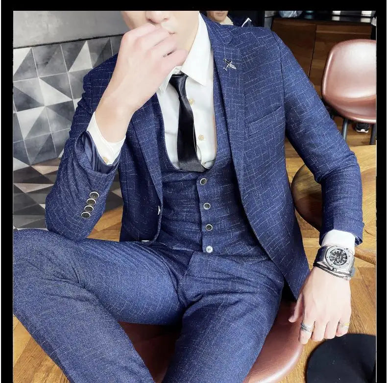 2023 Men's British Fashion Three-piece Set Slim Fit Suit Vest Trousers Ensemble Handsome Trendy All-in-one Banquet Blaze