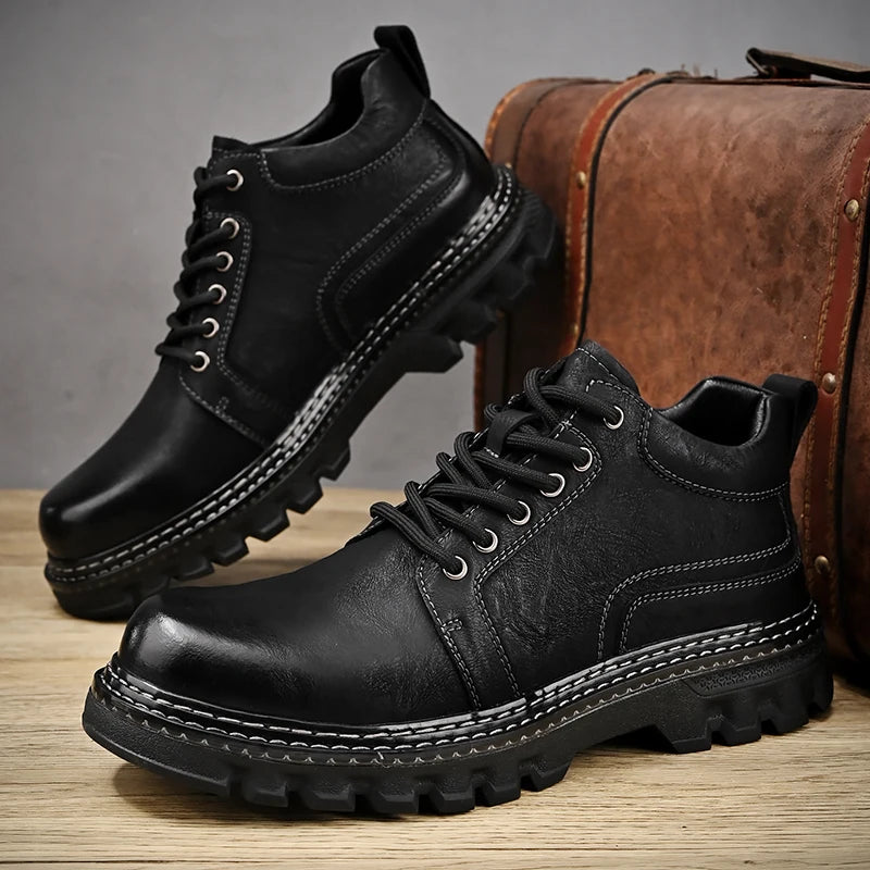 Genuine Leather Men Boots Cow Leather Upper Durable Sole Lace up Autumn Winter Boots Fur Daily Leisure Outdoor Shoes For Man New