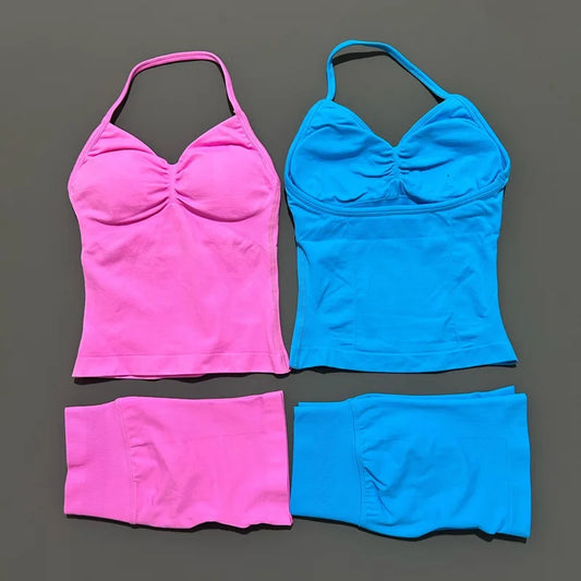 No Logo 2 Pies Sports Set Women Backless Tank Yoga Tops High Waist Scrunch Seamless Shorts Sport Gym Set Sportswear Workout Set
