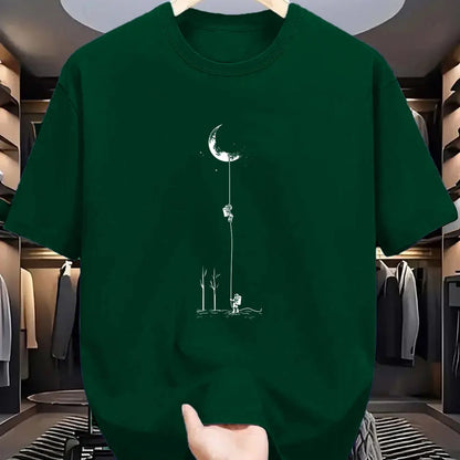 Summer Men's 100% Pure Cotton Casual Loose Fit Plus Size Moon Landing Pattern Printed Round Neck Short Sleeved T-shirt Top