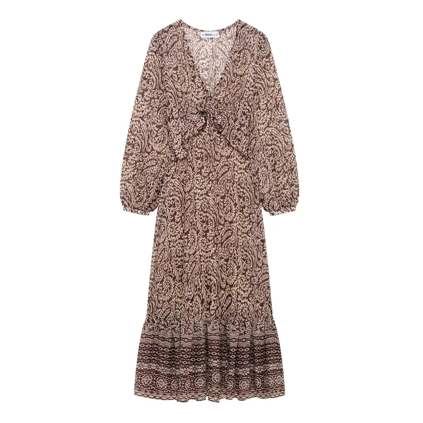 Ele Layered Decorative Print Midi Dr Spring New Arrival Women's Faion JNLEAOG Long Sve V-Ne High Waist Skirt