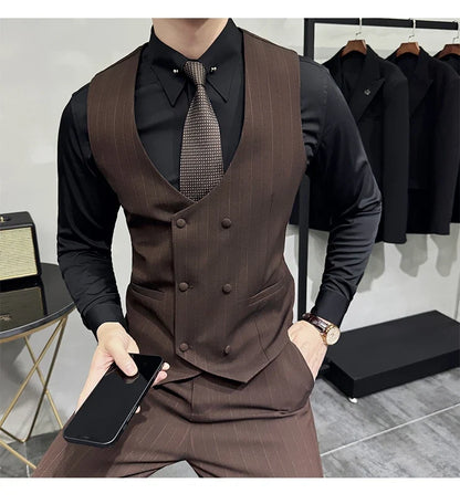 British Style Double-breasted Striped Vest With Pants Men Business Slim Fit Suit Vest 2 pieces Formal Groom Wedding Dress Vest