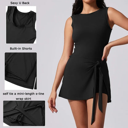 Boat Neck Tennis Dress Golf Dress for Women with Buit-in Short Sleeveless Backless Sarong Wrap Active Dress Workout Romper Dress