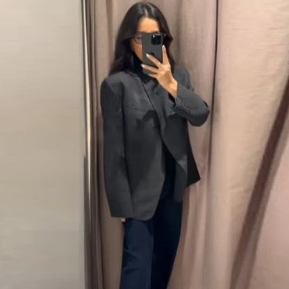 Woman 2025 Asymmetric Dark Grey Blazer Woman Autumn Women's Blazer Crop Long Sleeve Fitted Jacket Korean Popular Outerwears