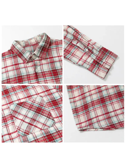 Women's Cotton Shirt Single Breasted Loose New Retro Color Blocked Grid Female Blouses Autumn Spring 2026