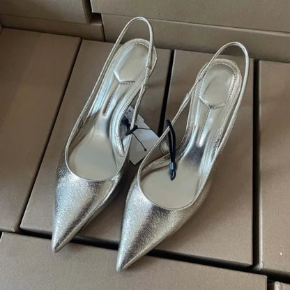 Slip on Women High Heels Office and Career Shoes Sexy Pointed Toe Concise Design Shiny Gold Evening Party Dress Slingback Pumps