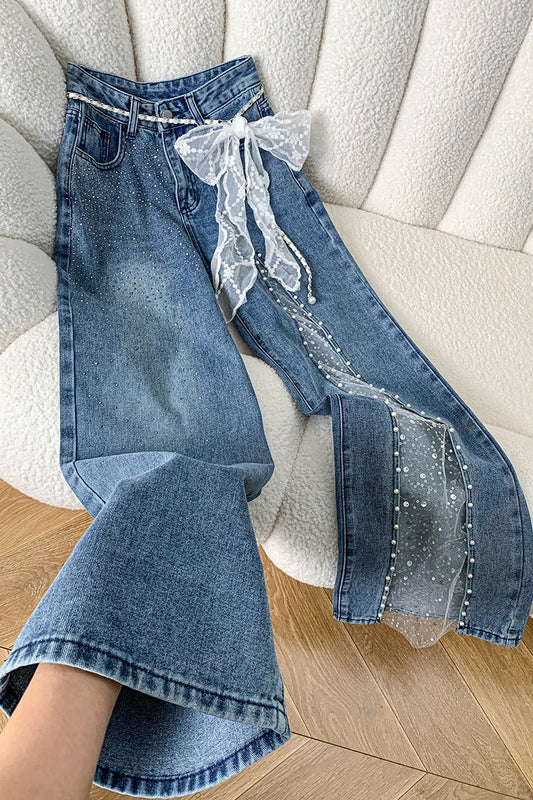 Women Jeans Pants Baggy Jeans Spring Flare Trousers Lace Applique Crystal Wide Leg Pearl Slit Distressed Design