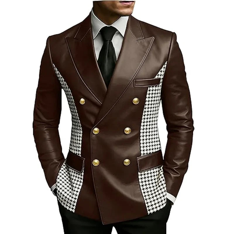 Men’s Brown Leather Blazer With Houndstooth Sides Vintage Two-Tone Double Breasted Slim Fit Gold Buttons Leather Tuxedo Jacket