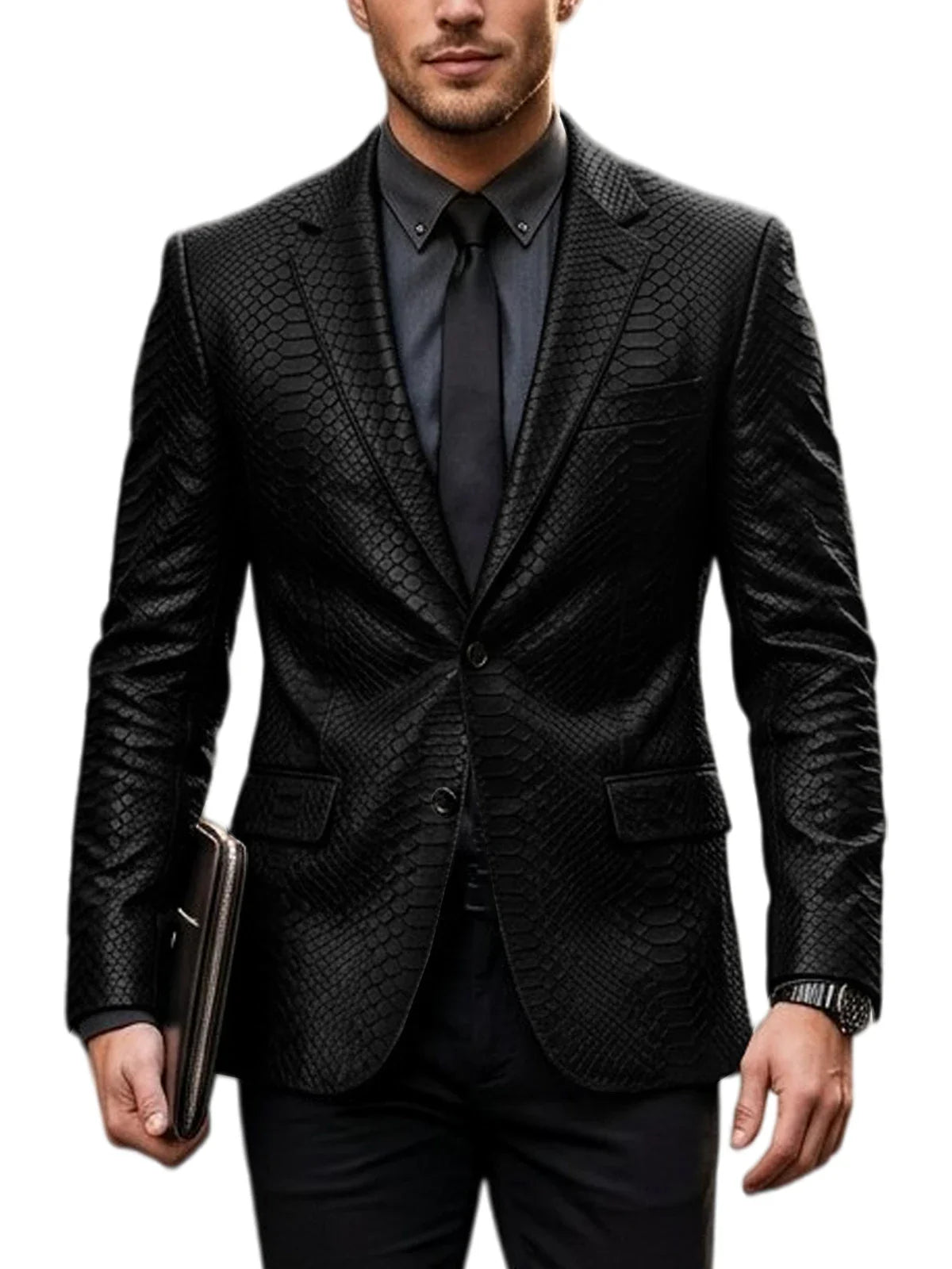 Men's Luxury Crocodile Pattern Leather Blazer Slim Fit Two Button Notch Lapel Suit Jacket Business Casual Wedding Tuxedo Dress
