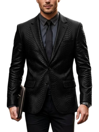 Men's Luxury Crocodile Pattern Leather Blazer Slim Fit Two Button Notch Lapel Suit Jacket Business Casual Wedding Tuxedo Dress