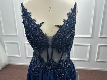 Navy Blue A Line Evening Dresses 2025 Elegant Beaded Appliques Illusion Prom Gowns Formal Party Vestido De Gala