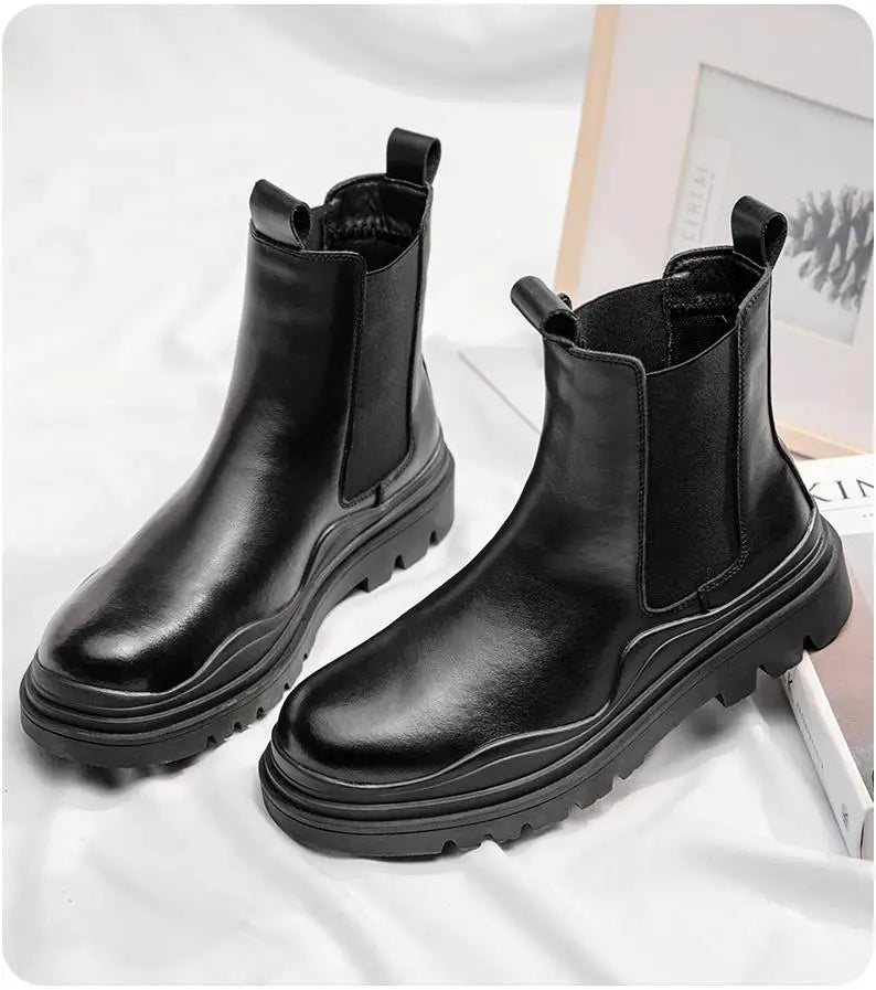 Fashion Mens Sheoes Platform Chelsea Boots Thick Bottom Split Leather Ankle Boots Male Footwear Round Toe Short Boots