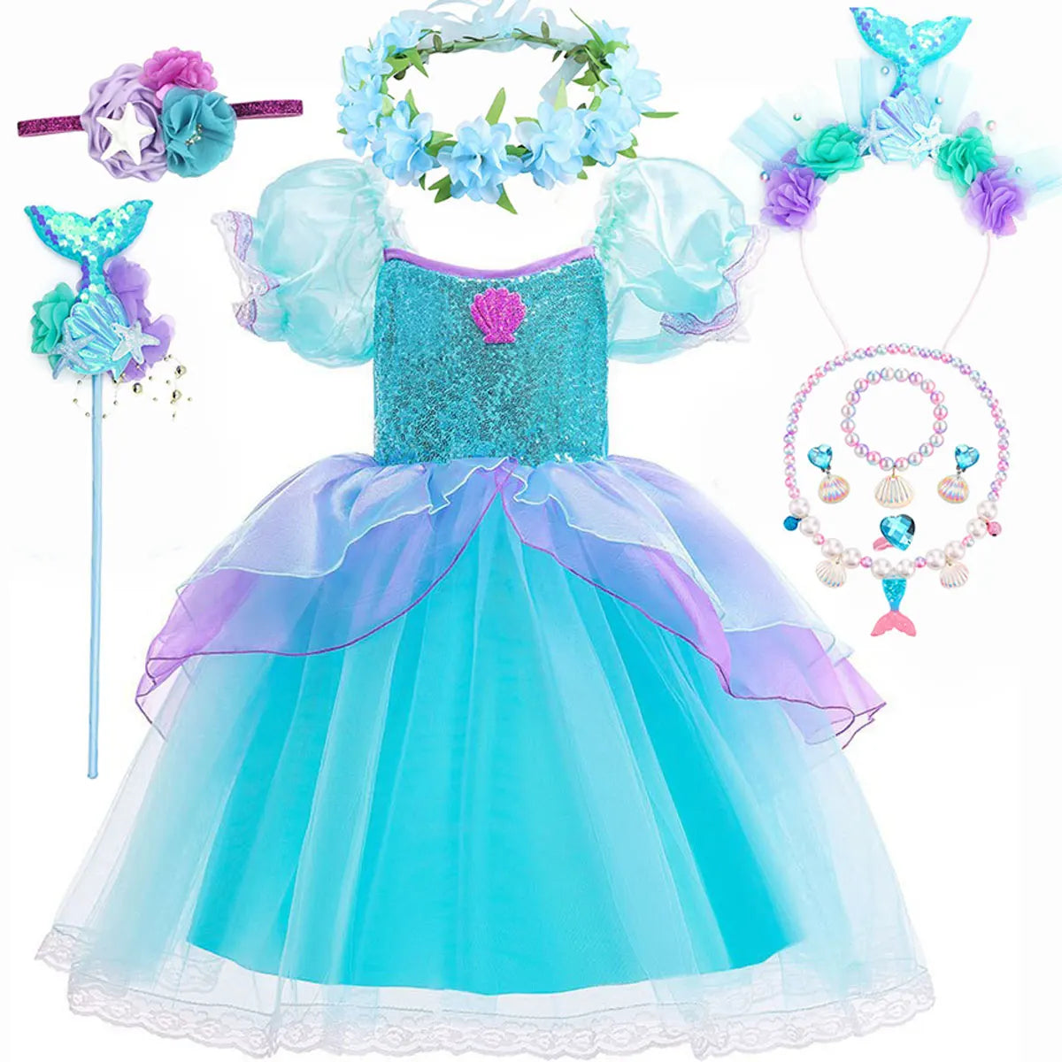 Summer Girl Mermaid Dress For Children Birthday Party Princess Cosplay Costume Ariel Halloween Fantasy Dress Summer Elegant Gown