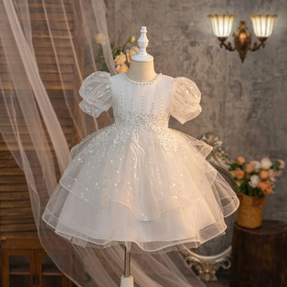 Summer New Girls' Bow Bead Embroidered Fluffy Skirt Baby Girl's Birthday Mesh Dress
