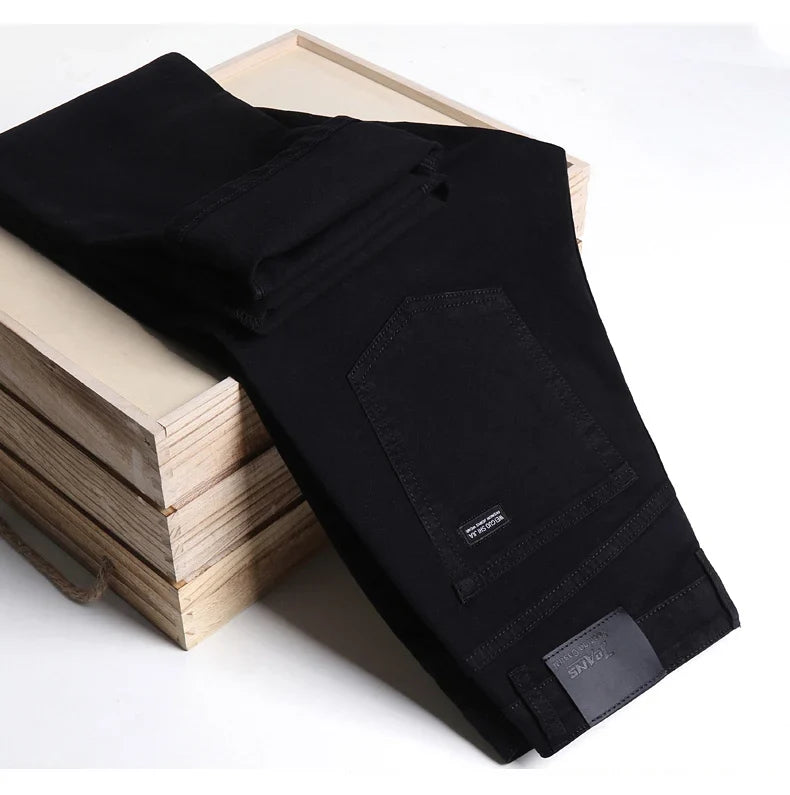 Men Classic Advanced Fashion Brand Pure Black Jeans Man Soft Breathe Stretch Slim Straight Denim Trousers Mens Pants Overalls