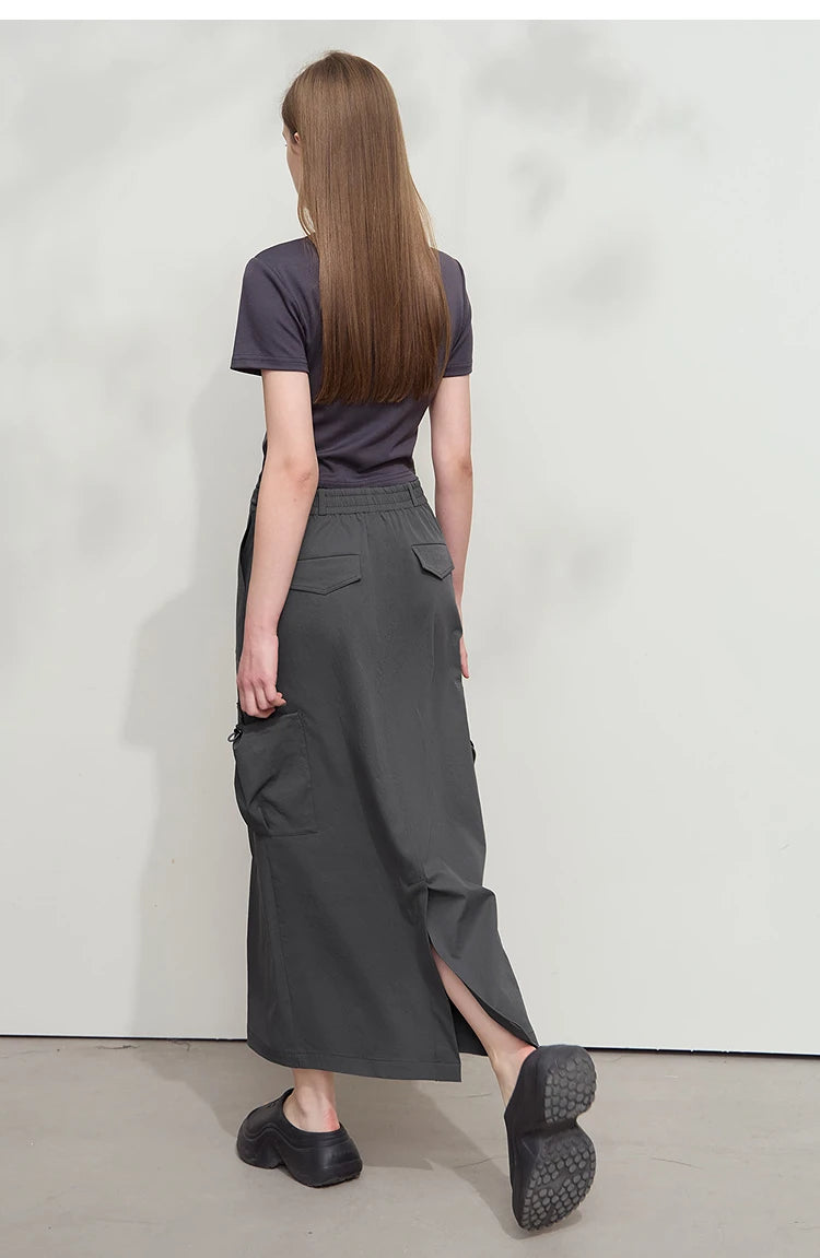 Minimalist Women Clothing Skirt 2025 Autumn New Casual Loose Multi-pocket Drawstring Elastic Waist Long Skirt 12522020