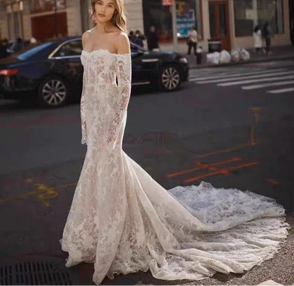 Newest Wedding Dresses Lace Mermaid Long Sleeves Off The Shoulder With Illusive Back Customized Bride Gowns Vestidos De Novia