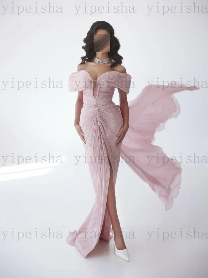 Customized Deep V-Neck Evening Dresses Off The Shoulder Pleat Backless Fornt Slit mermaid Prom Gown Long organza Party Dress