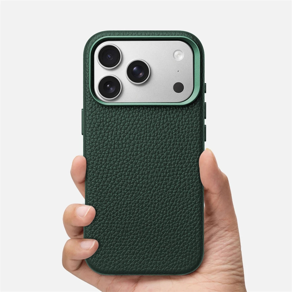 Luxury Business Lychee Texture Leather Shockproof Case For iPhone 17 Pro Max 16 15 14 13 For MagSafe Magnetic Alloy Lens Cover