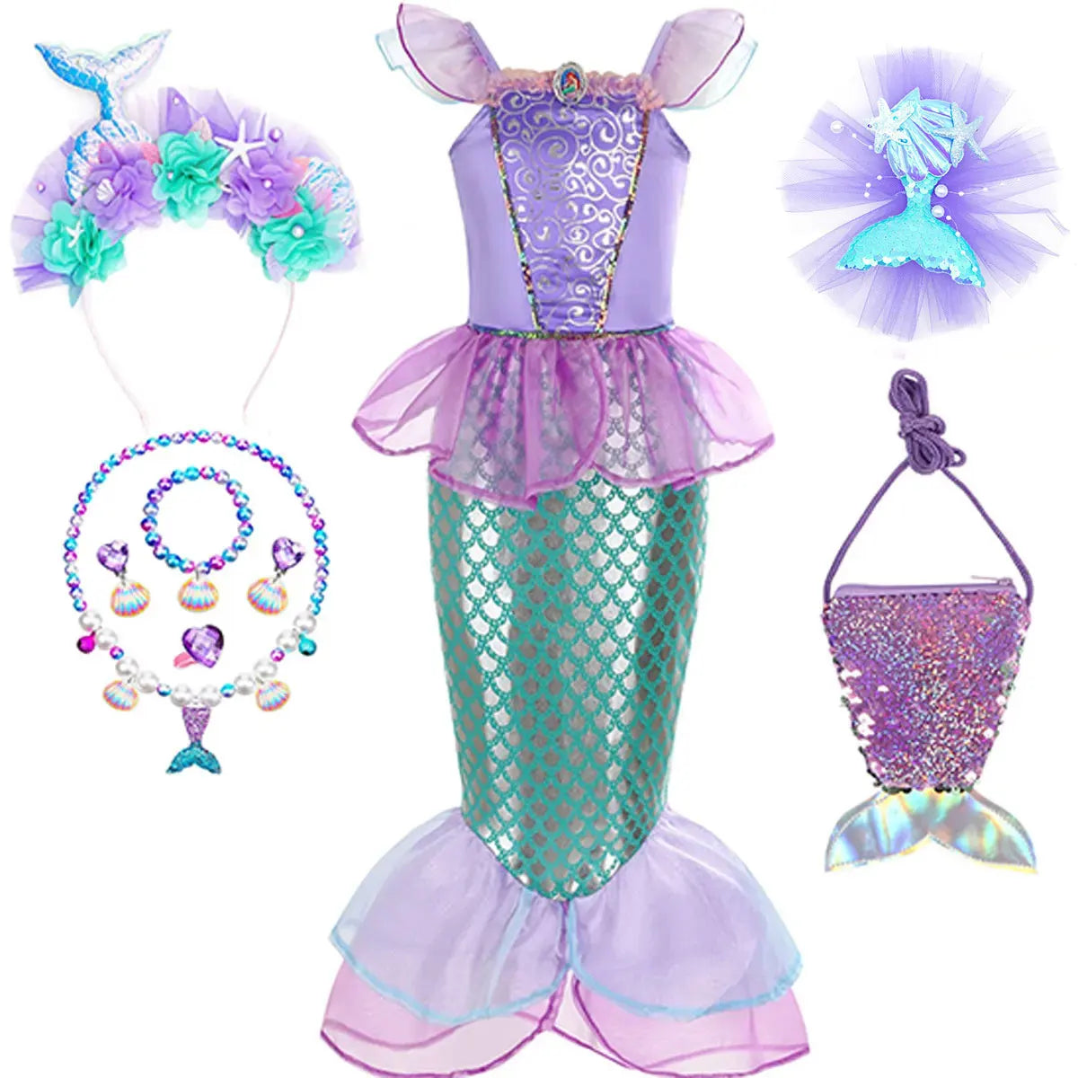 Halloween Little Mermaid Ariel Princess Costume Summer Purple Dress Girls Cosplay Mermaid Carnival Birthday Party Swimsuit Set