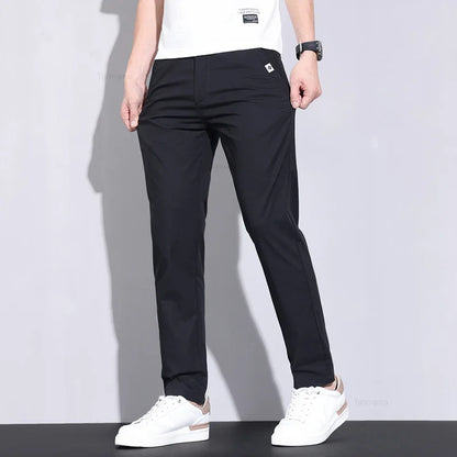 Ultra-thin Elastic Men's Casual Pants 2024 Summer Ice Silk Cotton Fashion Slim Straight Business Trousers Black Gray Khaki