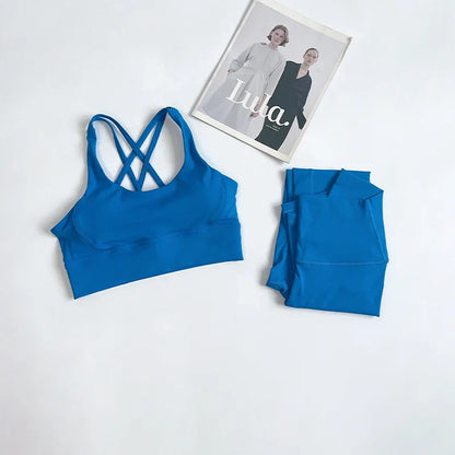 2 Pieces Yoga Set Women Gym Set Workout Clothes Sports Suits High Waist Leggings Cross Straps Fitness Bra Top Running Tracksuit