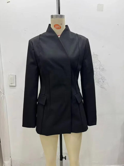 Elegant Women's Black Blazer Coat Long Sleeve Stand Collar Buckle Thick Jacket Female 2026 Spring Autumn Lady Commute Outwear