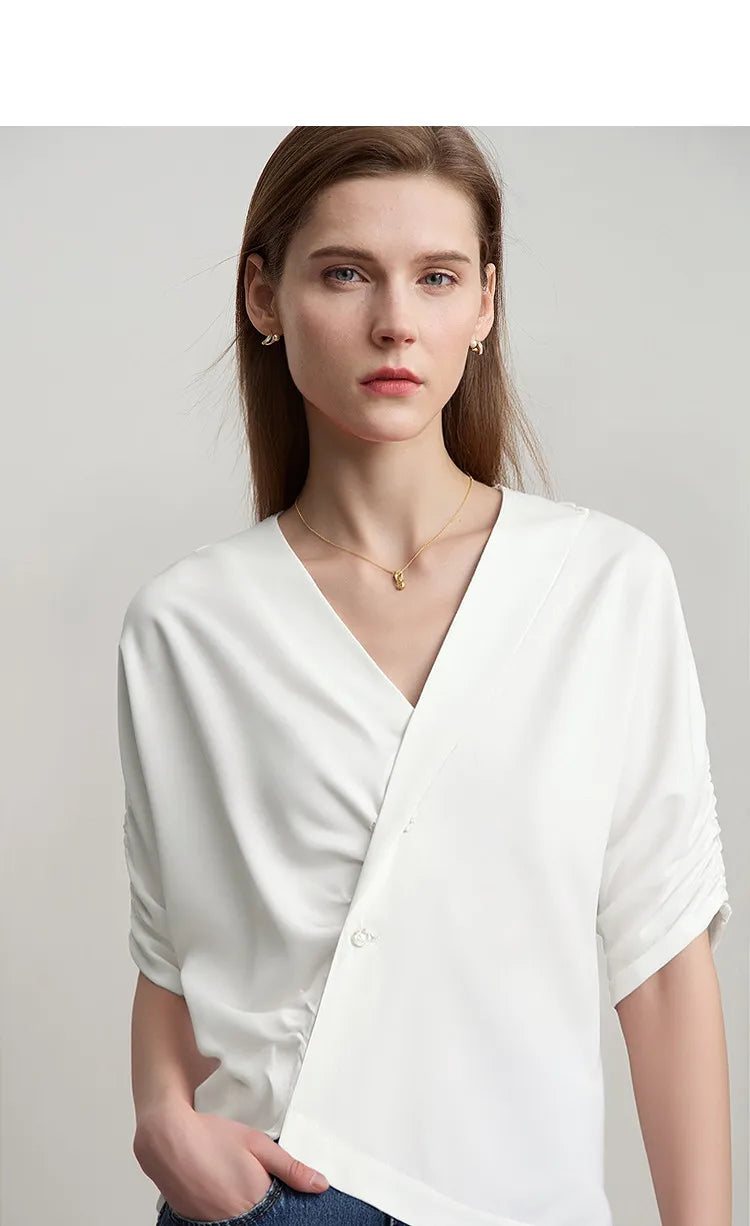 Women's Blouse 2026 Summer New V-Neck Asymmetric Pleated Mid Sleeve Shirt Relaxed Fit Office Casual Top For Women 12622117