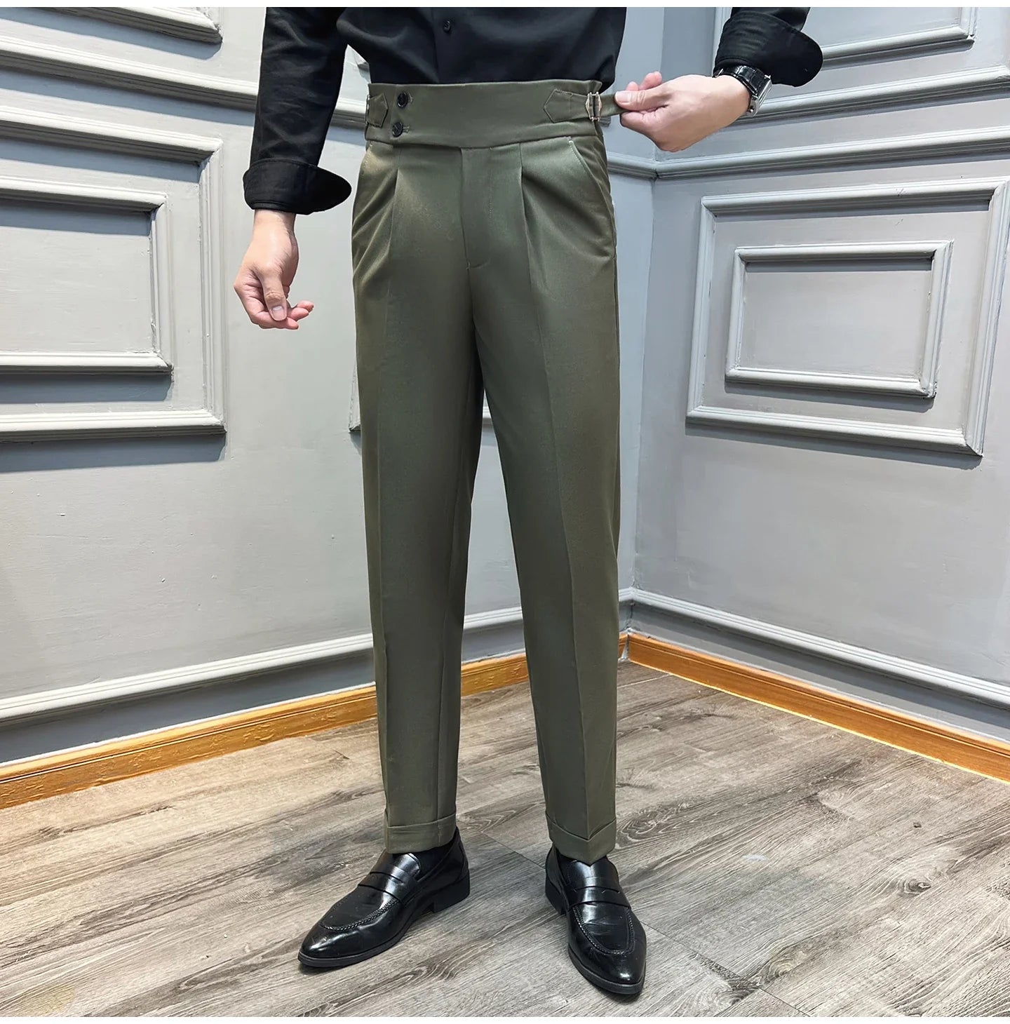 Italian Style Naples High Waisted Straight Pants Men High Quality Solid Color Business Casual Formal Office Social Suit Pants