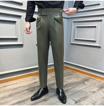 Italian Style Naples High Waisted Straight Pants Men High Quality Solid Color Business Casual Formal Office Social Suit Pants