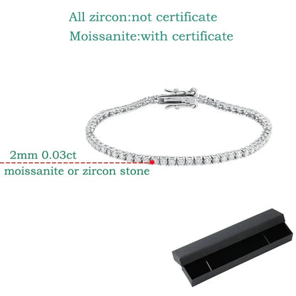 2MM D Color 100% Real Moissanite Tennis Bracelet for Women Lab Diamond Original Silver 925 Jewelry Hip Hop Party Chain