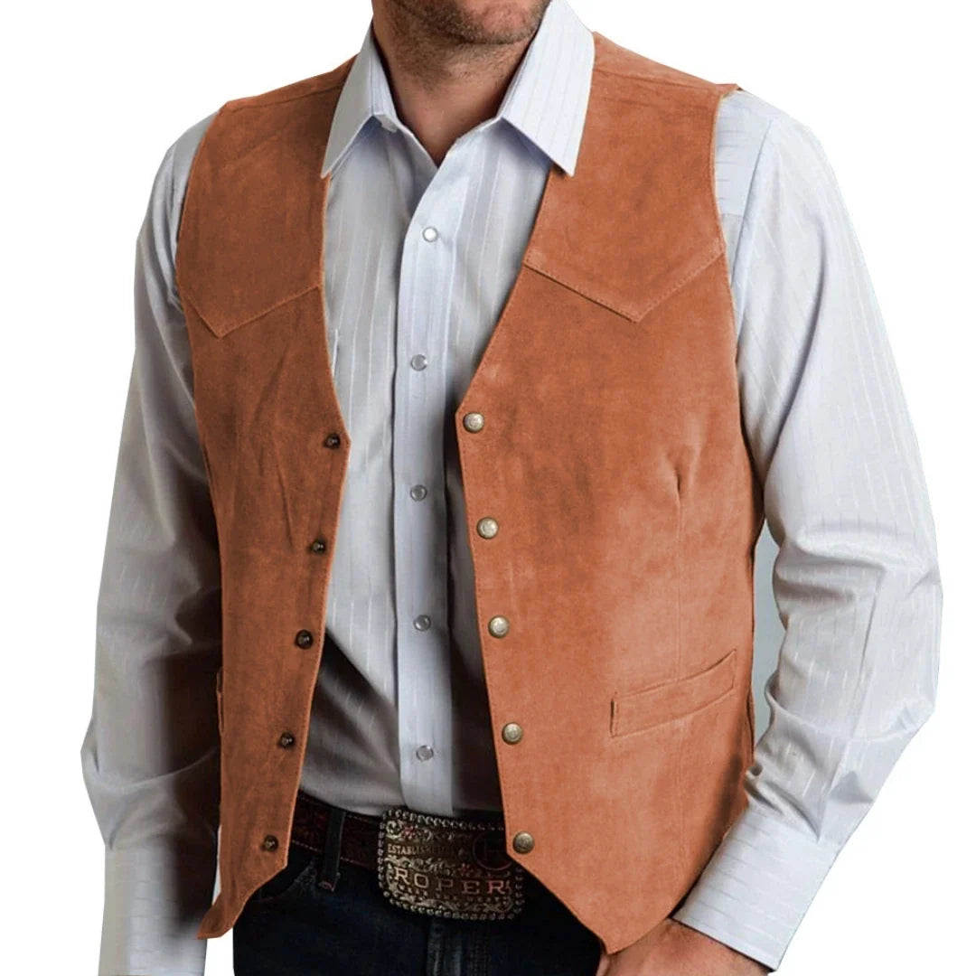 Men Vest Gold Suede Leather Gentleman Business Waistcoat Vintage Western Cowboy Regular Slim Business Banquet Men Suit Vest