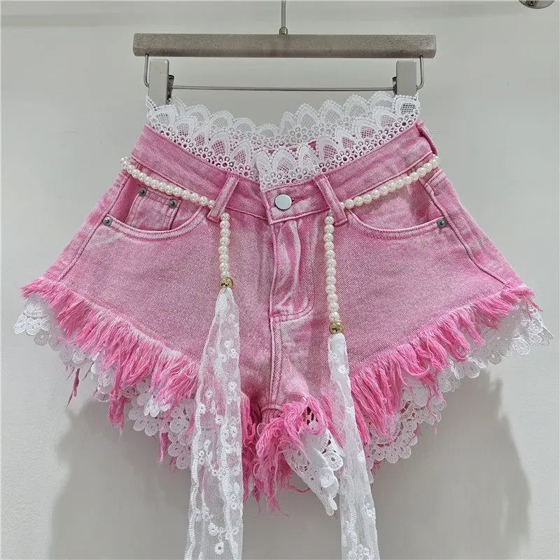 2026 Summer Denim Shorts New Splicing Hook Flower Lace Lace with Waist Rope Tassel Denim Shorts Women's Hot Pants Trend