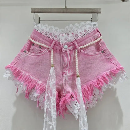 2026 Summer Denim Shorts New Splicing Hook Flower Lace Lace with Waist Rope Tassel Denim Shorts Women's Hot Pants Trend