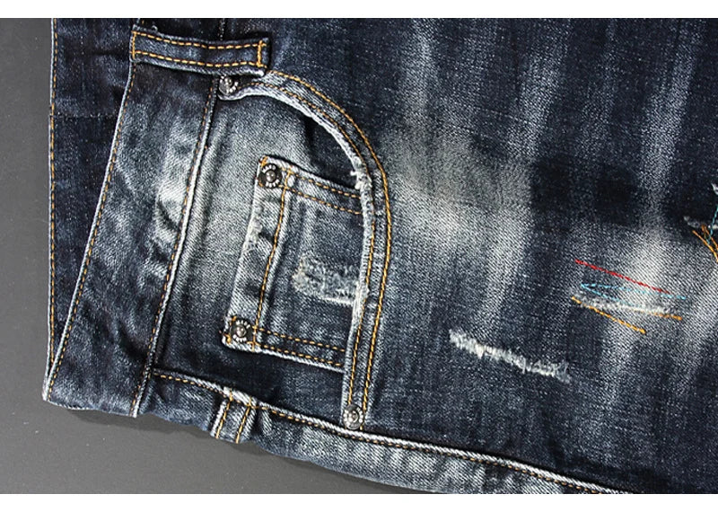 Streetwear Fashion Men Jeans Retro Black Blue Elastic Slim Fit Ripped Jeans Men Spliced Designer Embroidery Hip Hop Denim Pants