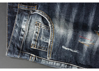 Streetwear Fashion Men Jeans Retro Black Blue Elastic Slim Fit Ripped Jeans Men Spliced Designer Embroidery Hip Hop Denim Pants