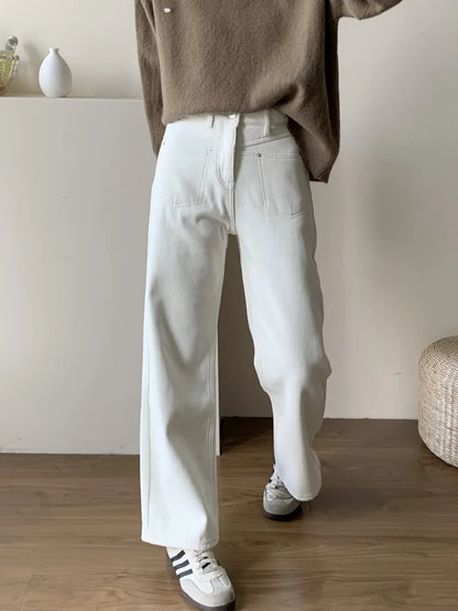 New Beige Straight Jeans Women Winter Warm High Waist Wide Leg Denim Pants 2023
