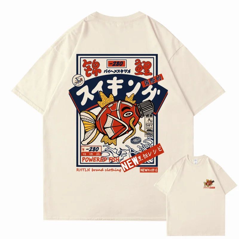 Hip Hop Streetwear Harajuku T-shirt Japanse Kanji Fish Print T-shirt 2024 Mannen Katoen Casual Korte Mouw T-shirt Japan Stijl