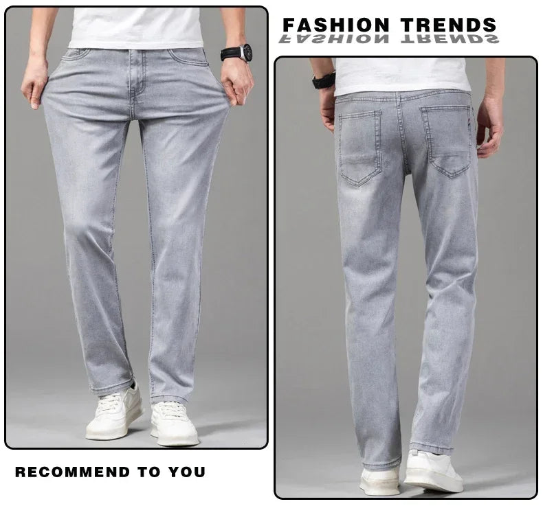 Summer Brand Men's Fit Straight Lightweight Cotton Stretch Jeans Business Casual High Waist Thin Light Grey Jeans mens pants