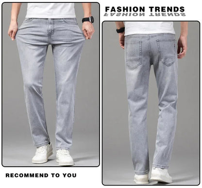 Summer Brand Men's Fit Straight Lightweight Cotton Stretch Jeans Business Casual High Waist Thin Light Grey Jeans mens pants