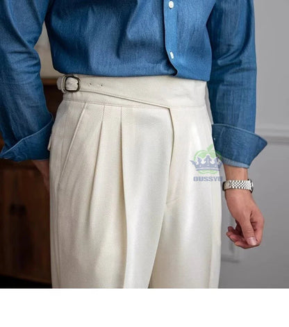 Classics Italian Naples Style White Men's Suit Pants Men High Waisted Straight Fit Work Formal British Business Brand Trousers